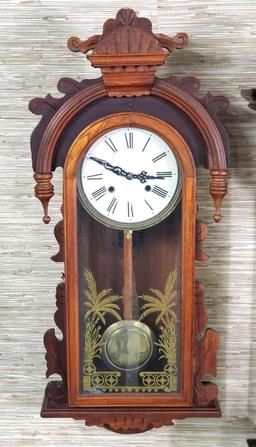 36" X 15" Wall hung Cased Regulator Clock with Gold Accent Reverse Paint Glass Door
