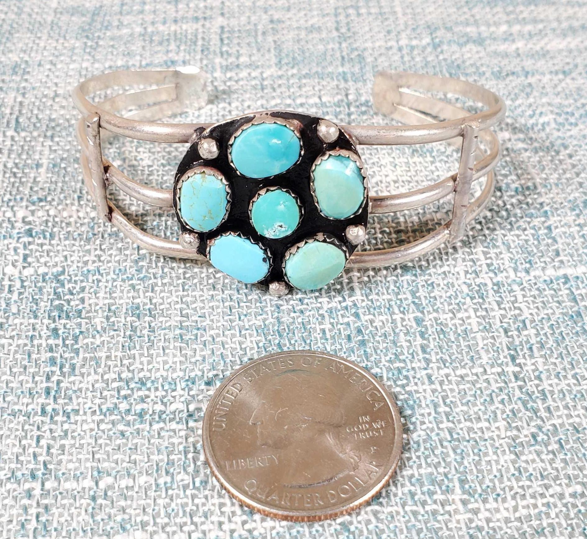 2 Vintage Navajo Sterling & Silver Turquoise Cuff Bracelets