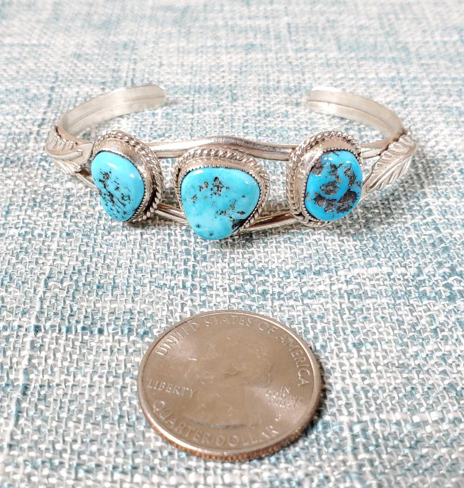 2 Vintage Navajo Sterling & Silver Turquoise Cuff Bracelets