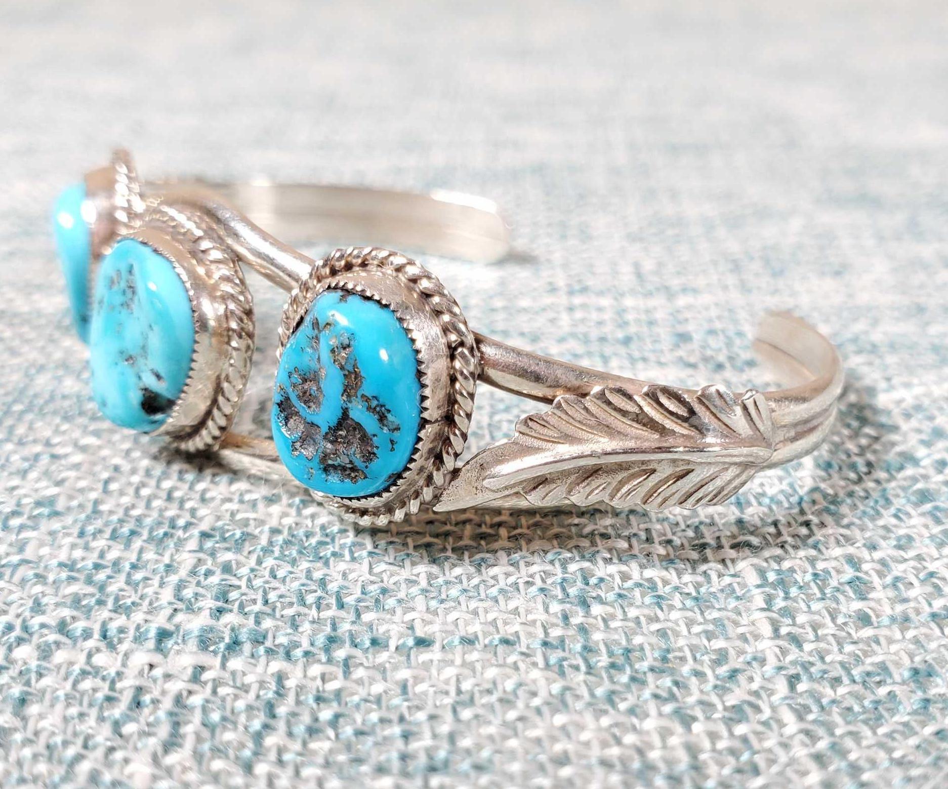 2 Vintage Navajo Sterling & Silver Turquoise Cuff Bracelets