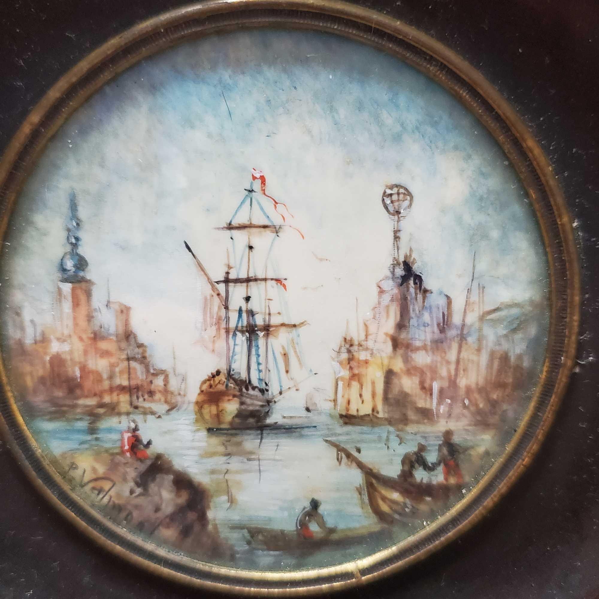 Miniature Round Painting, Limning On Ivory Of Port de Marseille Signed P Valmont