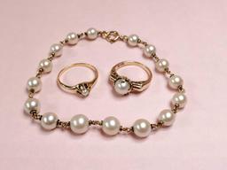 Vintage 14k Gold Pearl Bracelet & 2 Rings