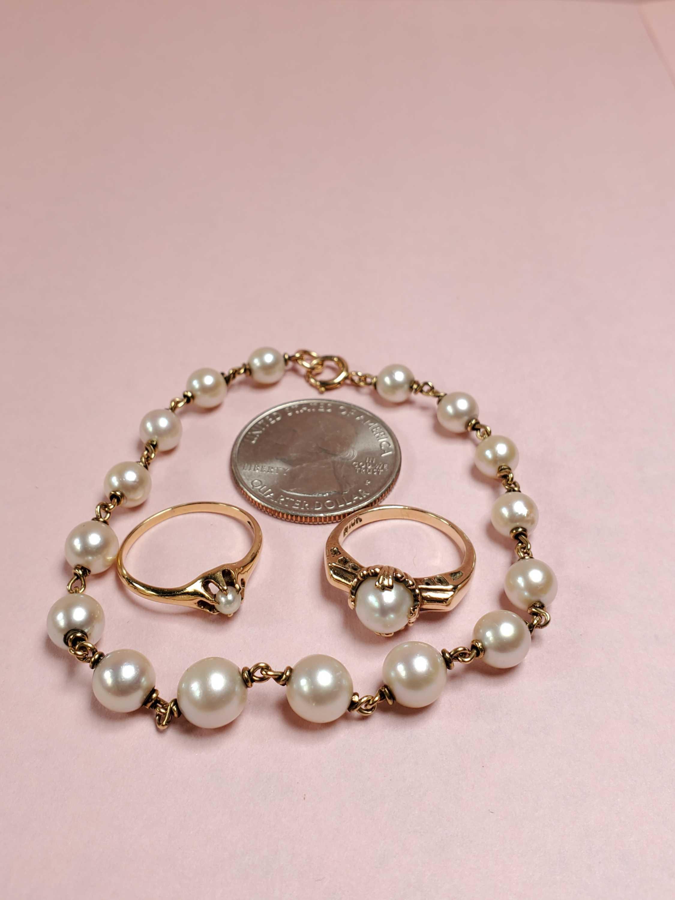 Vintage 14k Gold Pearl Bracelet & 2 Rings