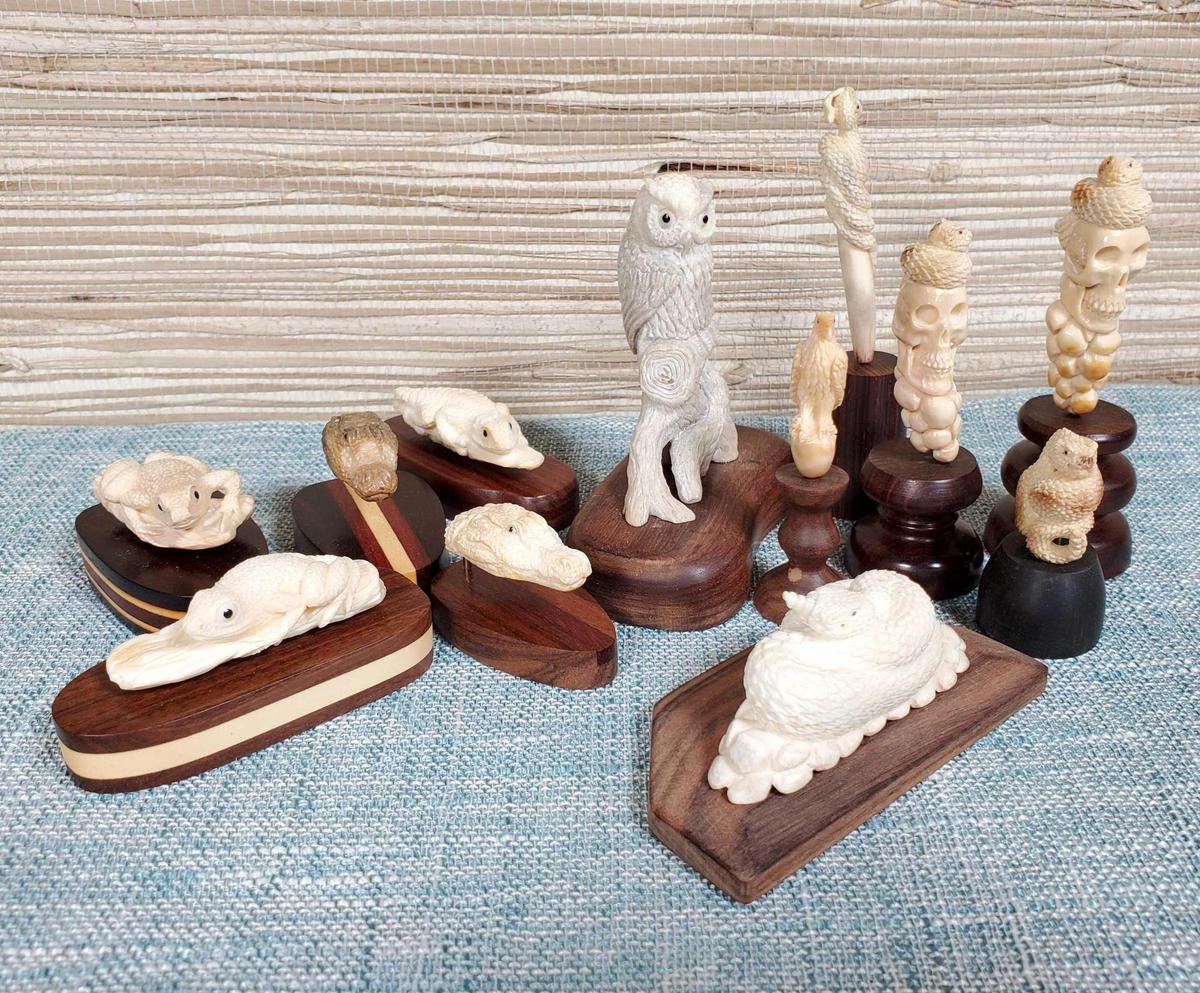 12 Antler Artisan Hand Carved Small Animals Mounted on Wood Bases