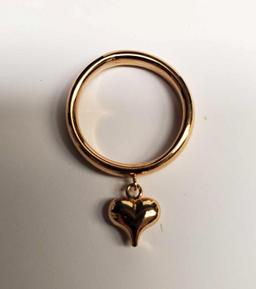 14K Yellow Gold Band With Hanging Heart Ring