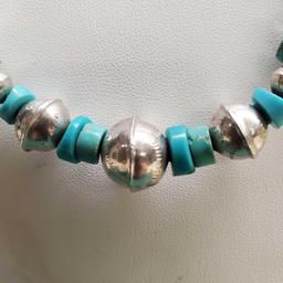 Vintage Pawn Sterling Silver Bead & Turquoise Un-Signed Native American Necklace