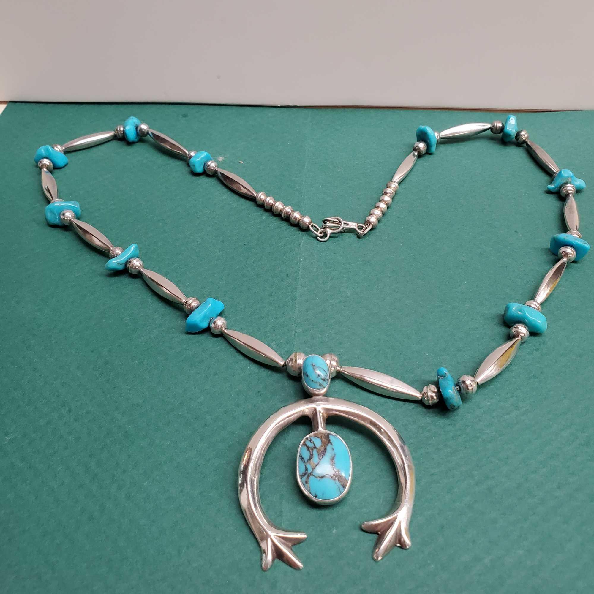 Vintage Pawn Sterling Silver & Turquoise Bead with Naja Signed Native American Necklace