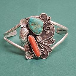 Vintage Pawn Sterling Silver Red Coral & Turquoise Signed Monogram Native American Cuff Bracelet