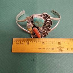 Vintage Pawn Sterling Silver Red Coral & Turquoise Signed Monogram Native American Cuff Bracelet