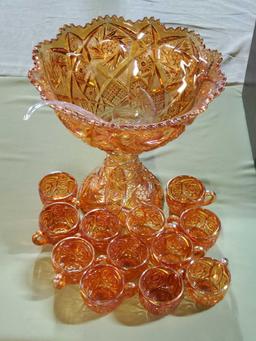 Imperial Octagon Mariogld Carnival Glass 13" on Pedestal Punch Bowl and 12 Matching Cups