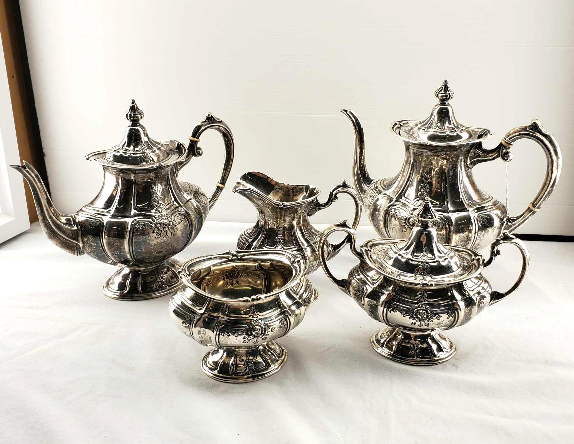 5 Pc. Fisher Sterling Silver "Duncan" Form With Chased Floral Sprays Tea Set On Silver Plated Tray