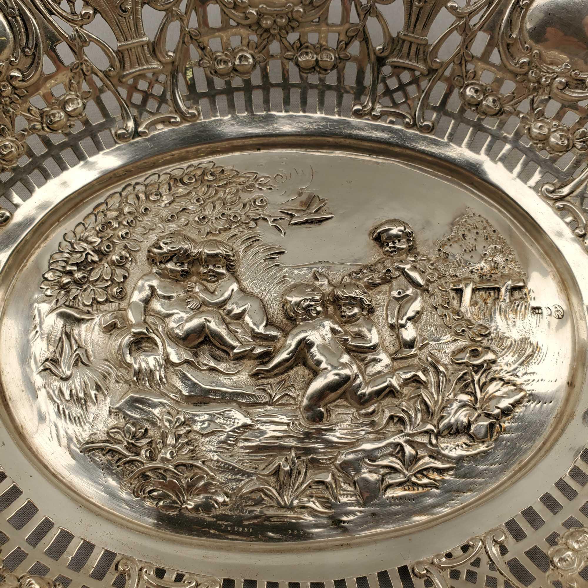 German 800 Silver Bowl / Bon Bon by Adolf Mayer Figural Cherub Scene & Flower Baskets Hallmarked