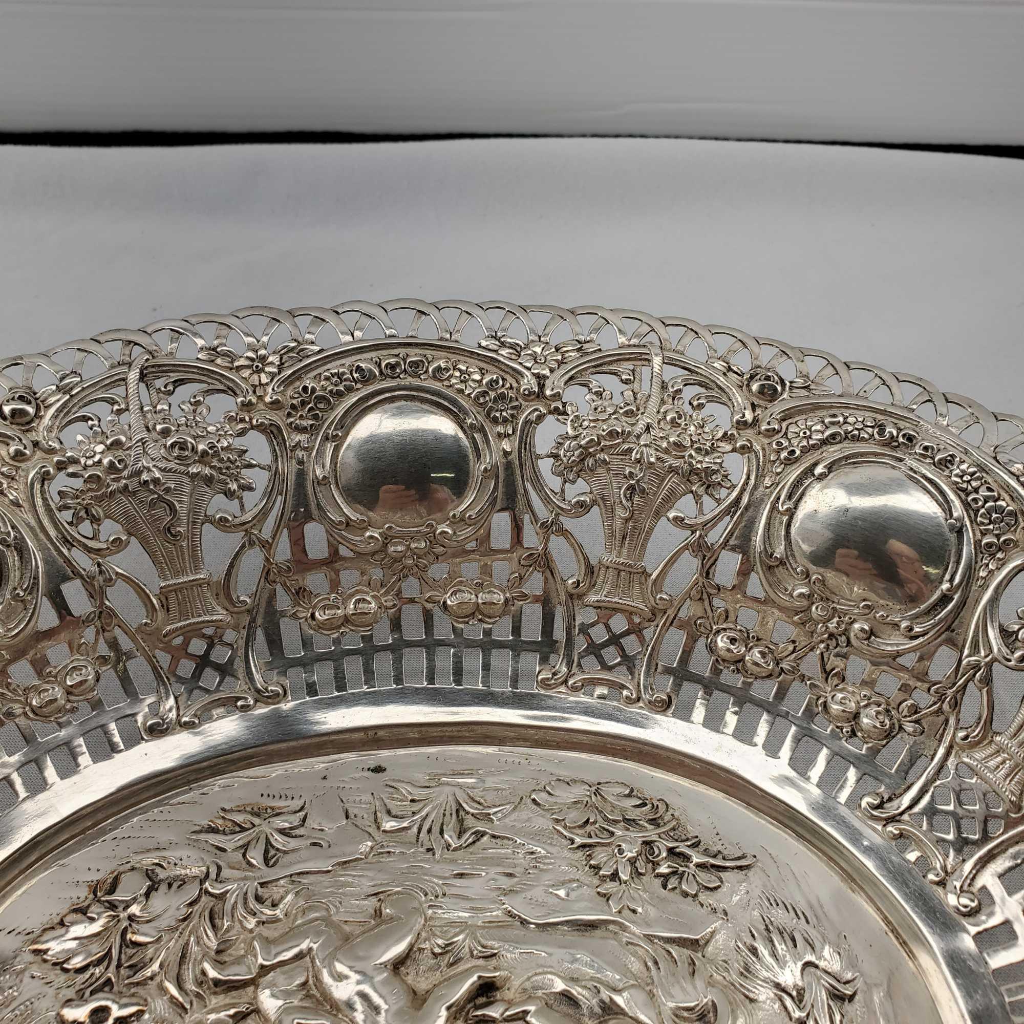 German 800 Silver Bowl / Bon Bon by Adolf Mayer Figural Cherub Scene & Flower Baskets Hallmarked