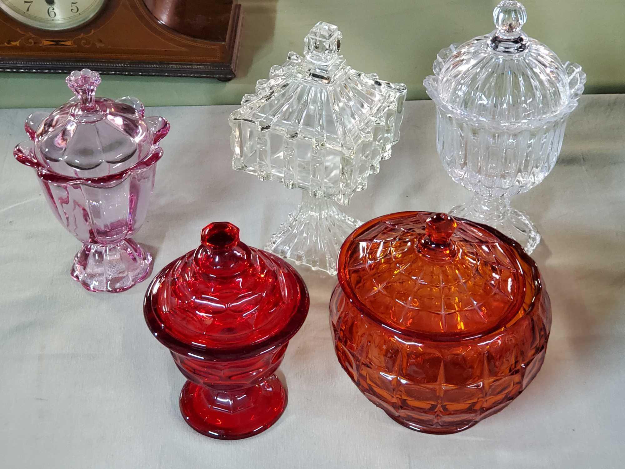5 EAPG and colored Retro Vintage Art Glass Covered Bowls, Jars and Compotes