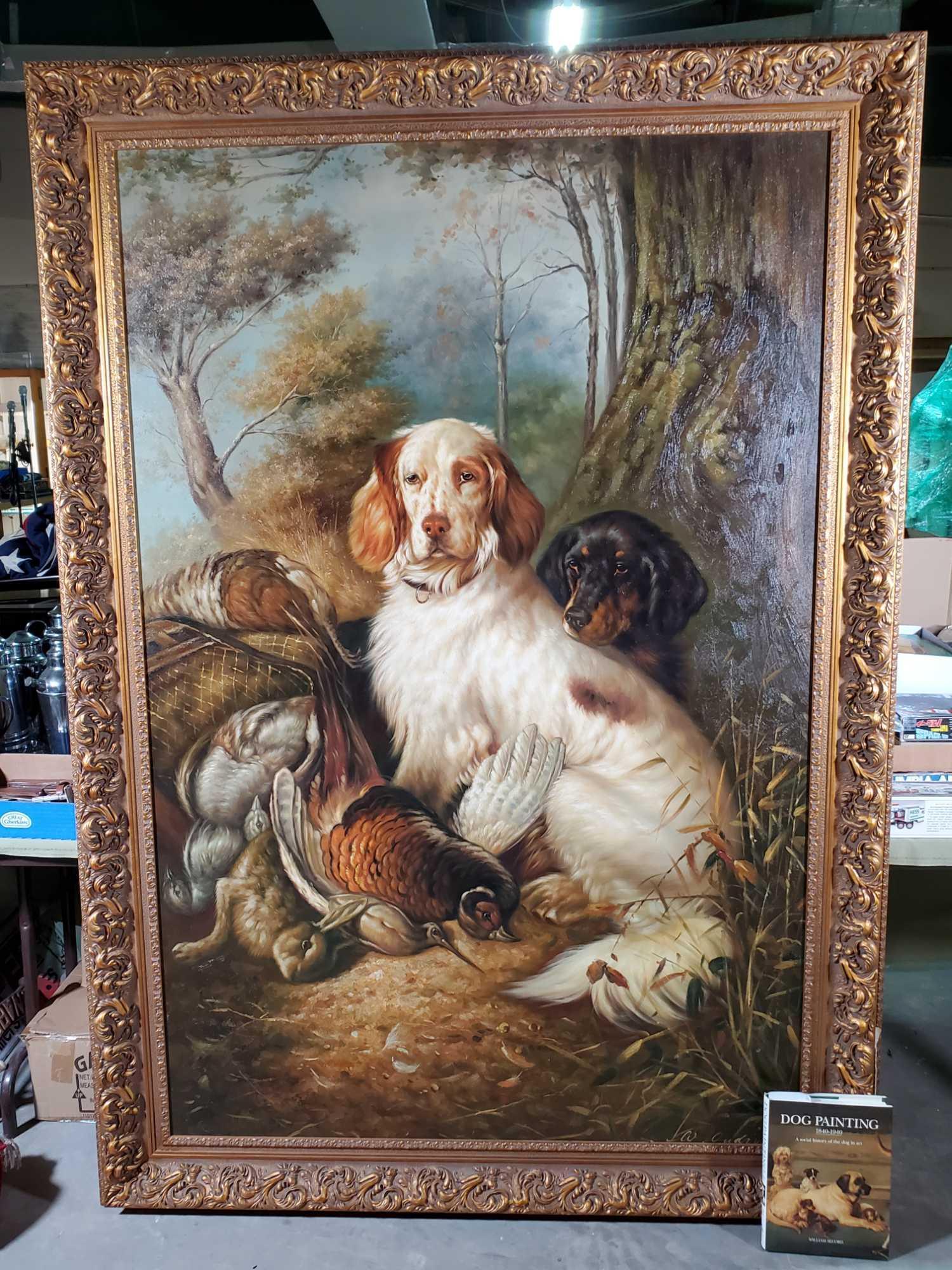 Magnificent 6 ft. 11 in. Oil on Canvas Replica of Woodhouse Setters and Game Painting