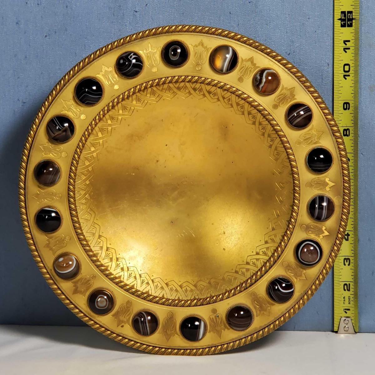 Mid 1800s Scottish Gilt Bronze Tazza with Banded Agate Accents and Bold Etched Accents