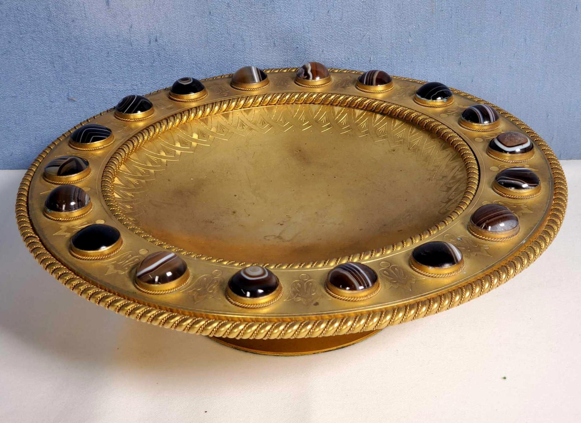 Mid 1800s Scottish Gilt Bronze Tazza with Banded Agate Accents and Bold Etched Accents