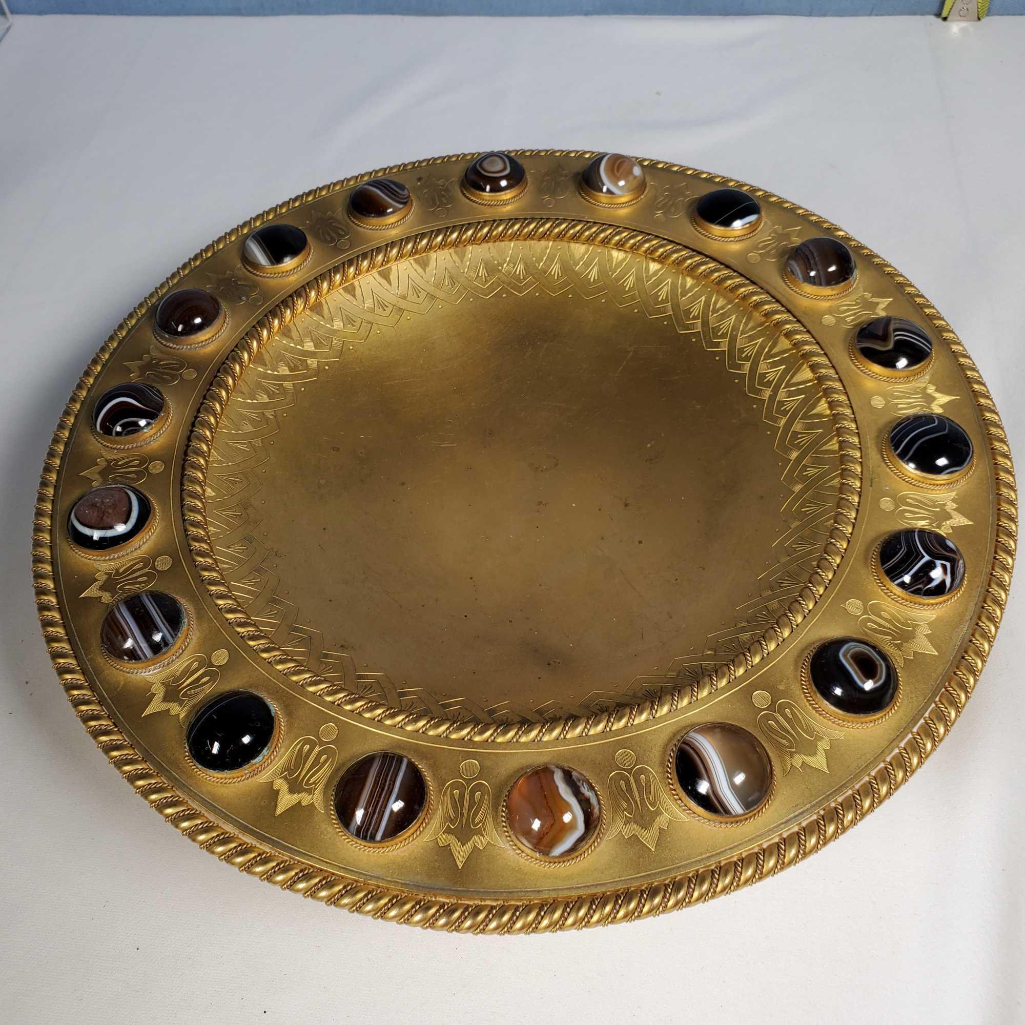 Mid 1800s Scottish Gilt Bronze Tazza with Banded Agate Accents and Bold Etched Accents