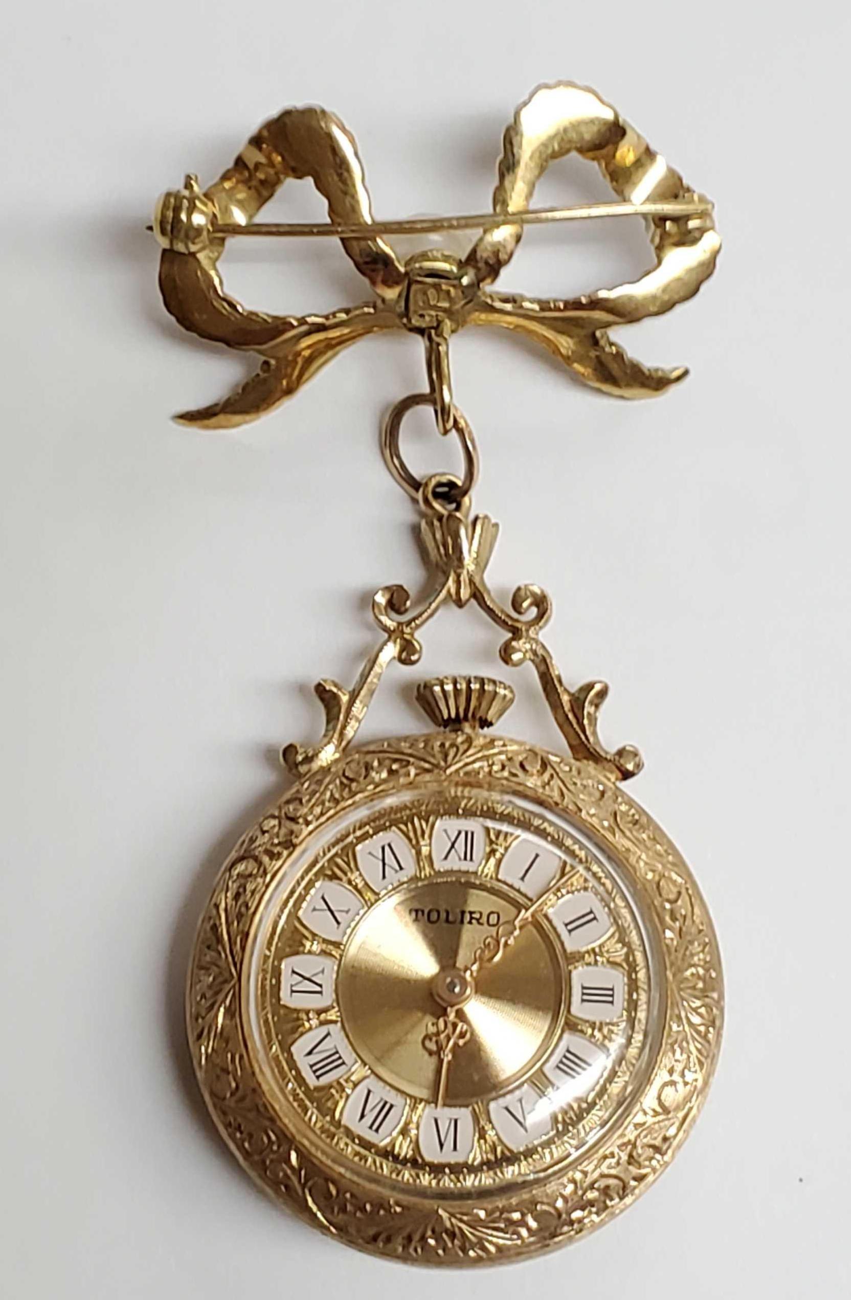 Gorgeous Vintage Toliro 18k Gold & Enamel Ladies Pendant / Brooch Watch with Hanger