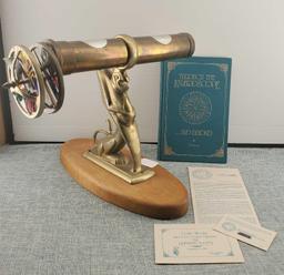 Corki Weeks Dual Wheel Parlor Kaleidoscope With Solid Brass Griffin/Phoenix Stand On Wood Base 1986