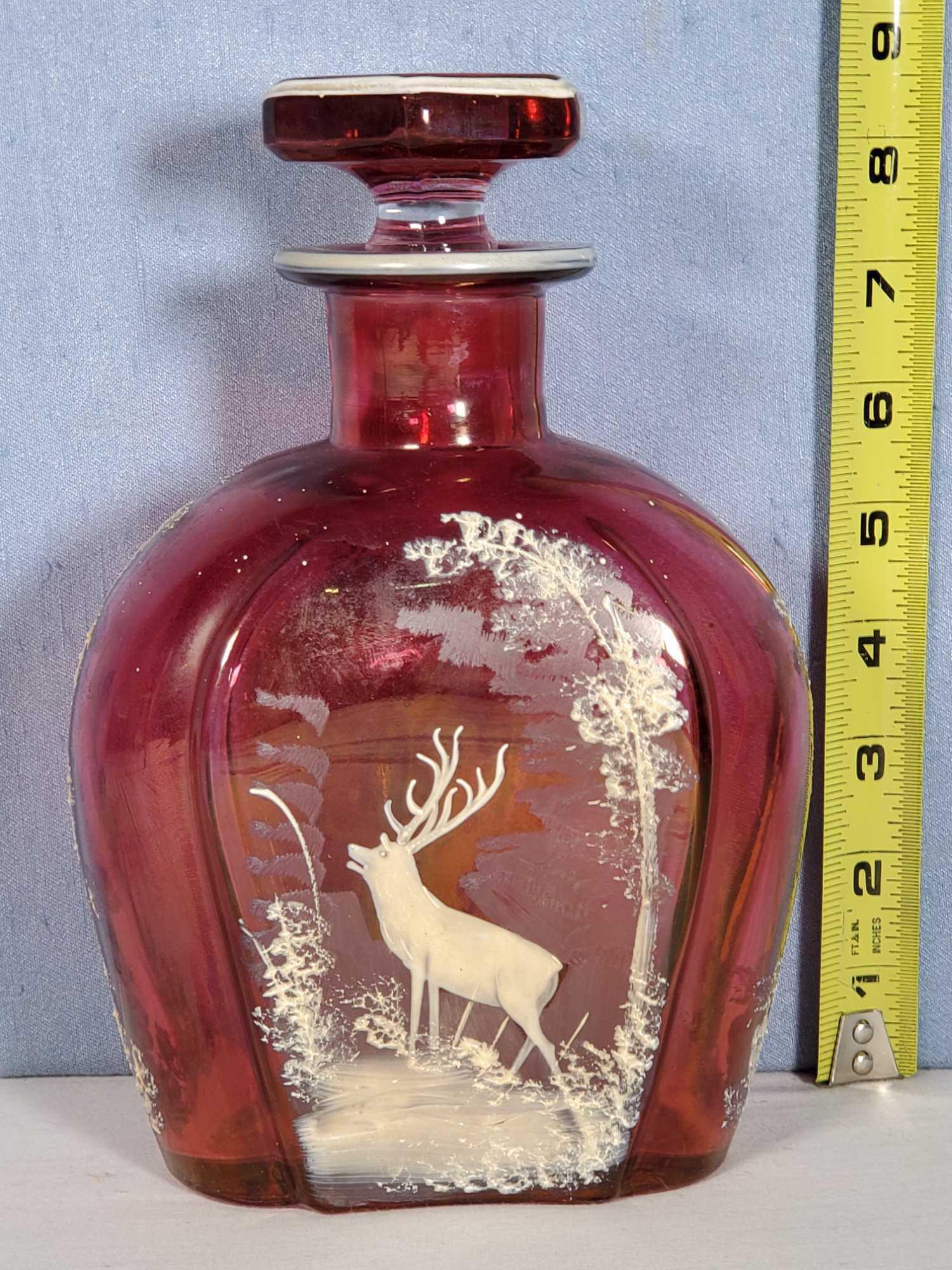 Mary Gregory Cranberry Flash Glass Decanter With Stopper And Elk & Trees Enameling