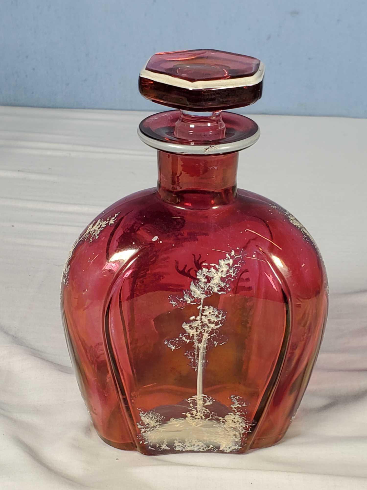 Mary Gregory Cranberry Flash Glass Decanter With Stopper And Elk & Trees Enameling