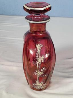 Mary Gregory Cranberry Flash Glass Decanter With Stopper And Elk & Trees Enameling