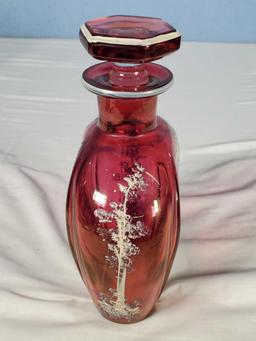 Mary Gregory Cranberry Flash Glass Decanter With Stopper And Elk & Trees Enameling