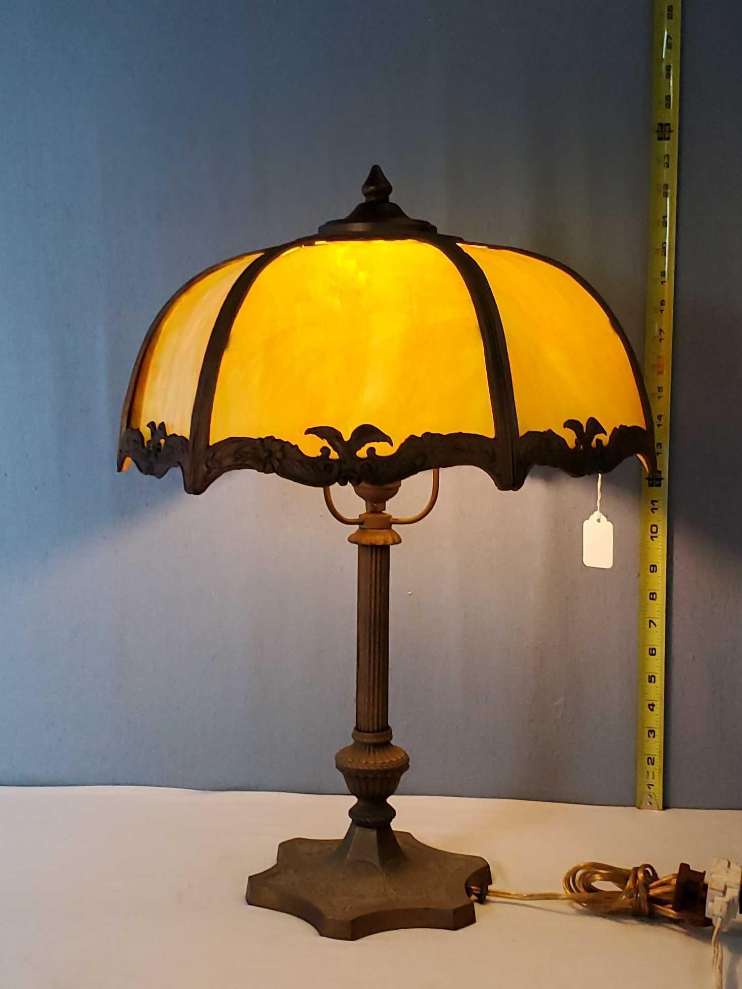 22" Salem Bros Antique Table Lamp with Amber and Green Slag Glass Panel Shade