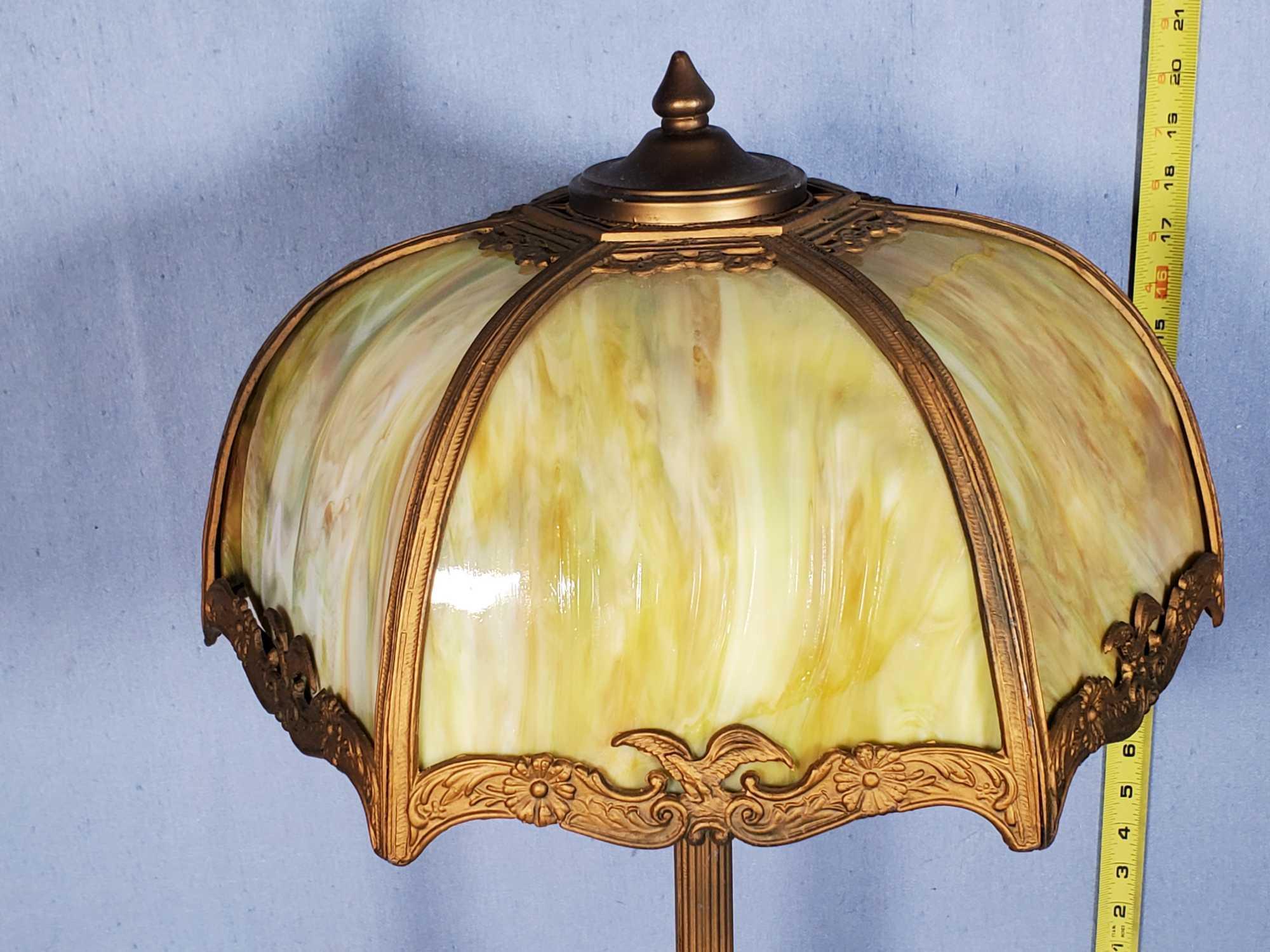 22" Salem Bros Antique Table Lamp with Amber and Green Slag Glass Panel Shade