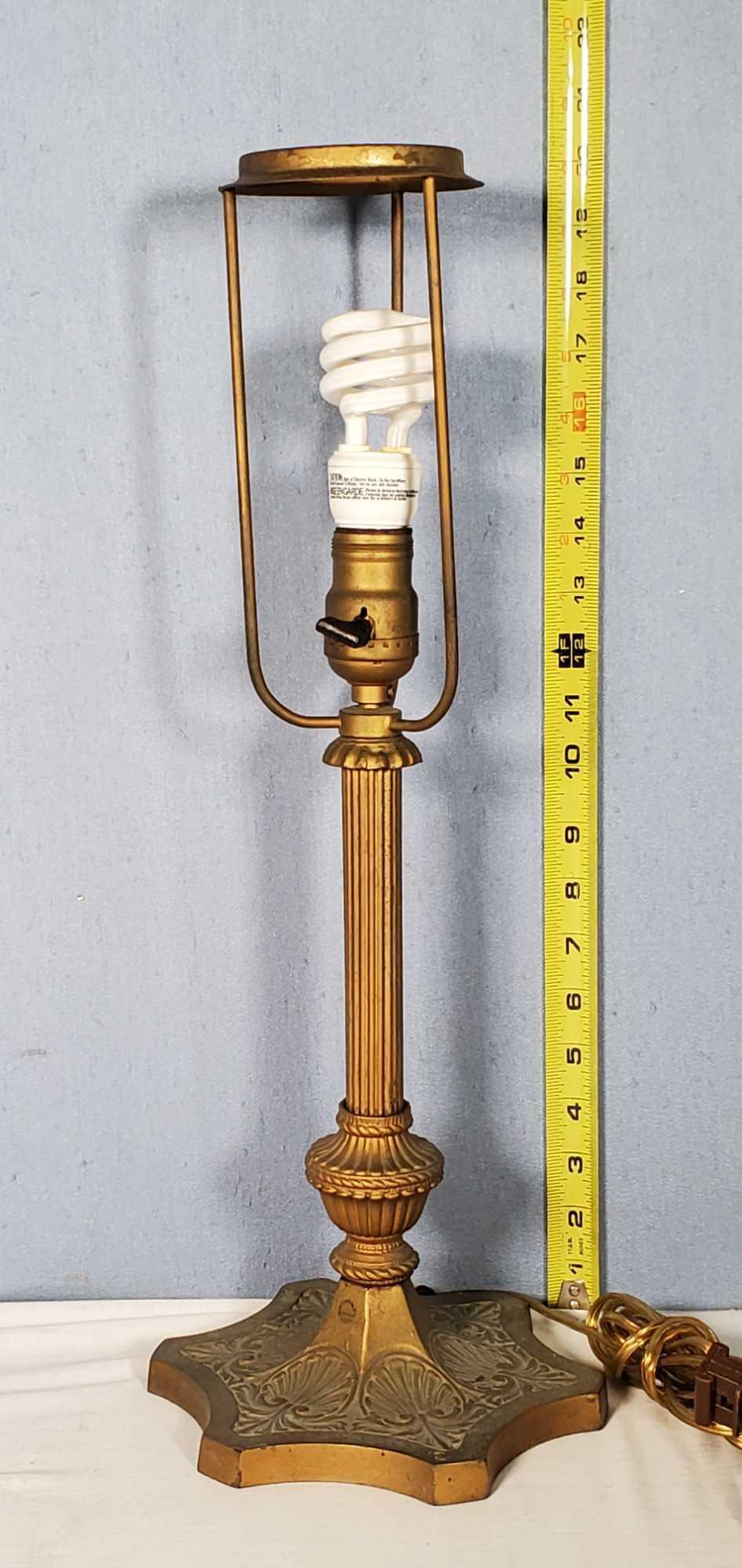 22" Salem Bros Antique Table Lamp with Amber and Green Slag Glass Panel Shade