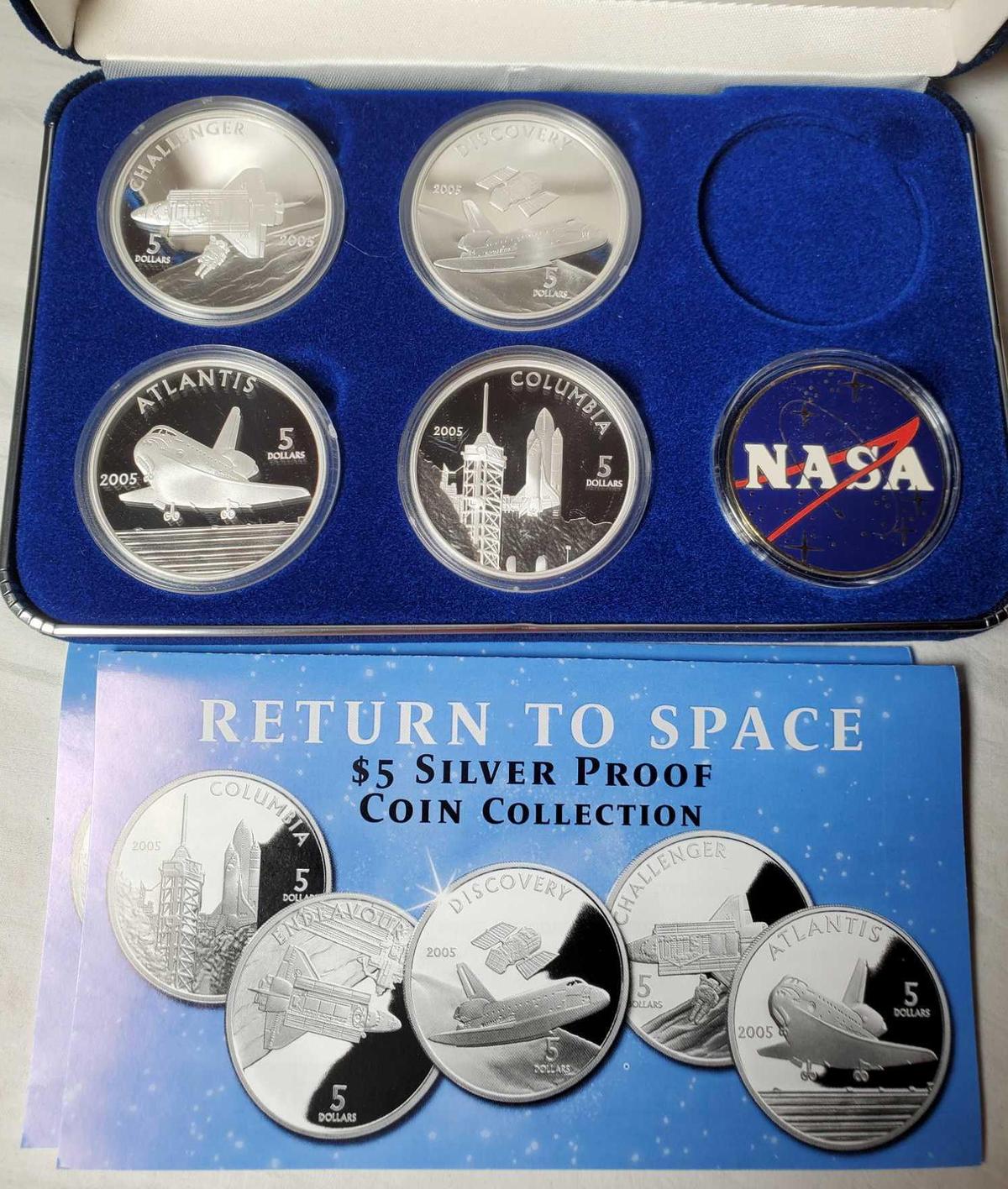 4 1 Oz .999 Fine Silver Bullion Space Shuttle Coins in Case with NASA Badge Medal