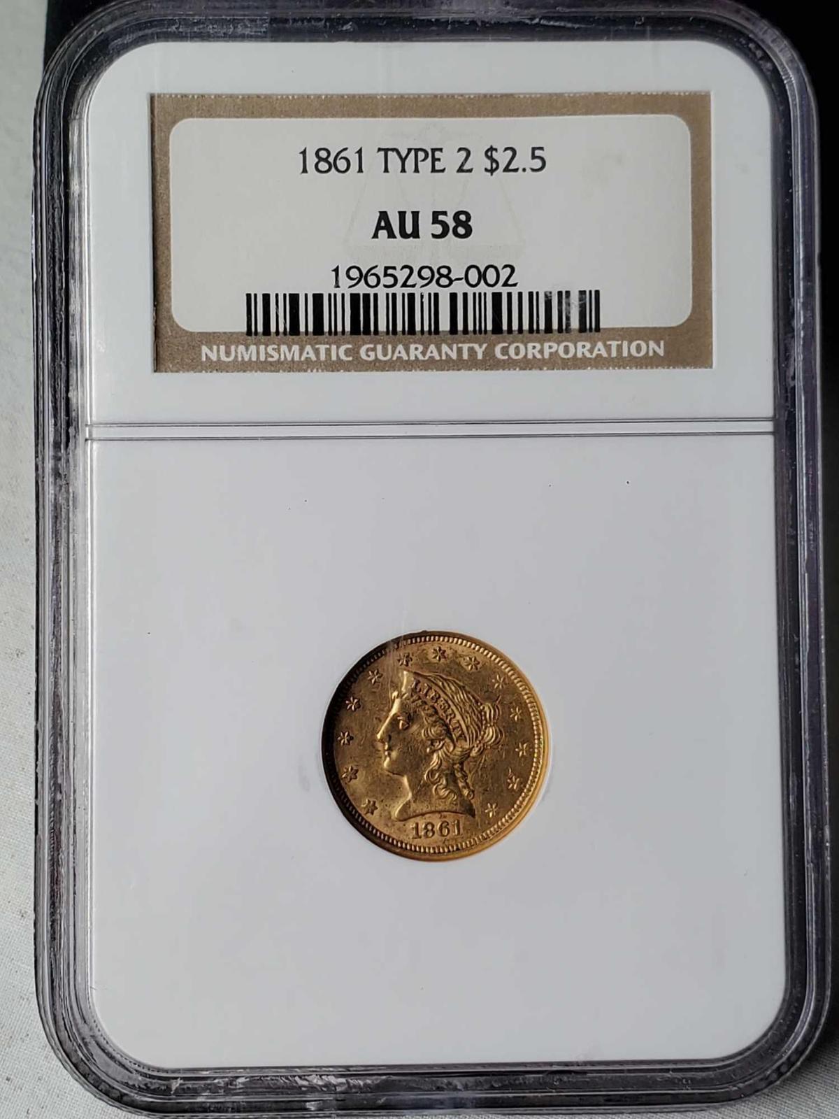 NGC AU 58 1861 Liberty Type II Gold Quarter Eagle $2 1/2 coin