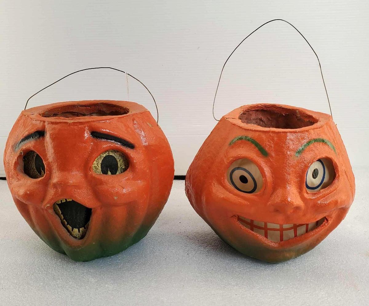 2 Vintage Original Paper Mache Halloween Pumpkin / Jack-O'-Lantern Candy Buckets