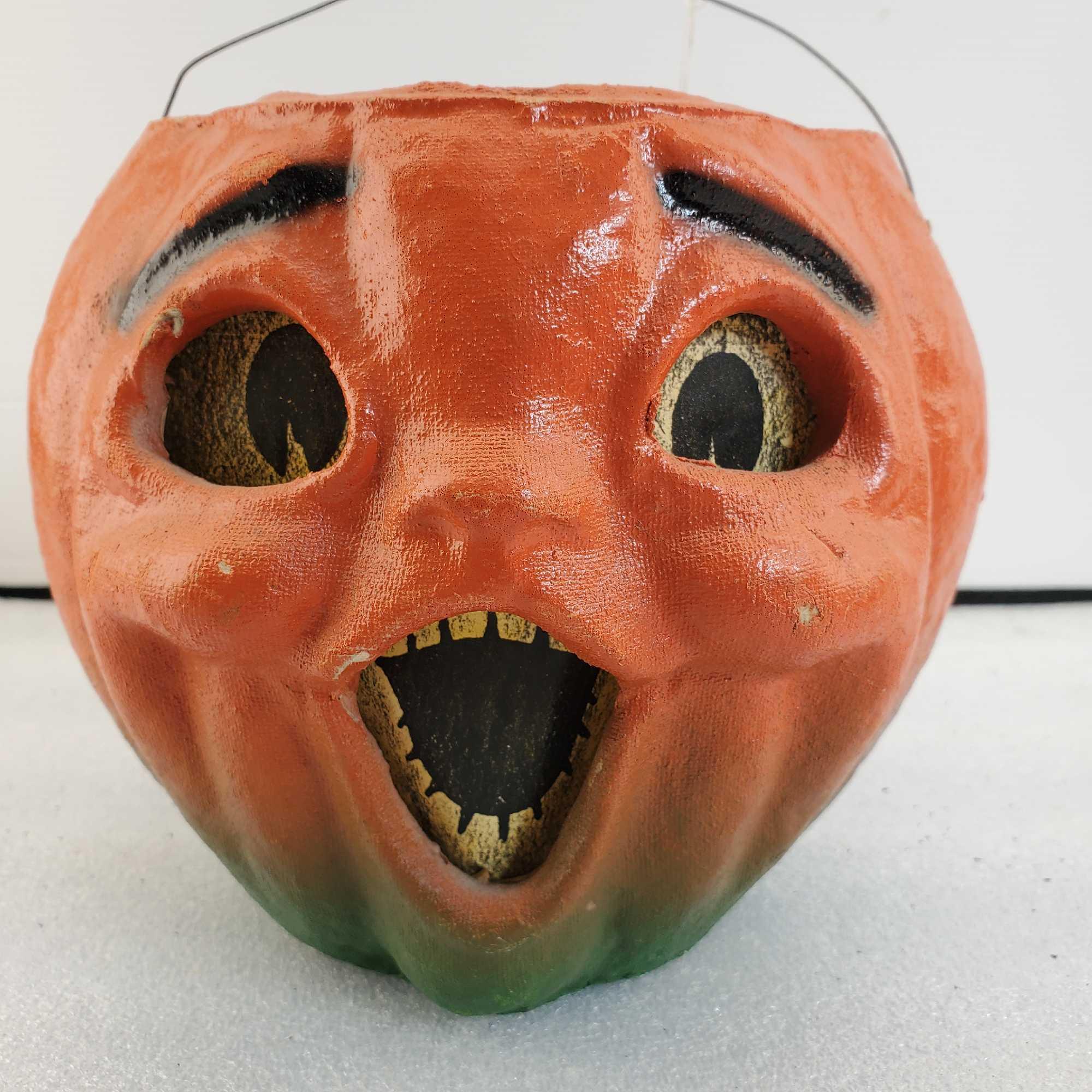 2 Vintage Original Paper Mache Halloween Pumpkin / Jack-O'-Lantern Candy Buckets