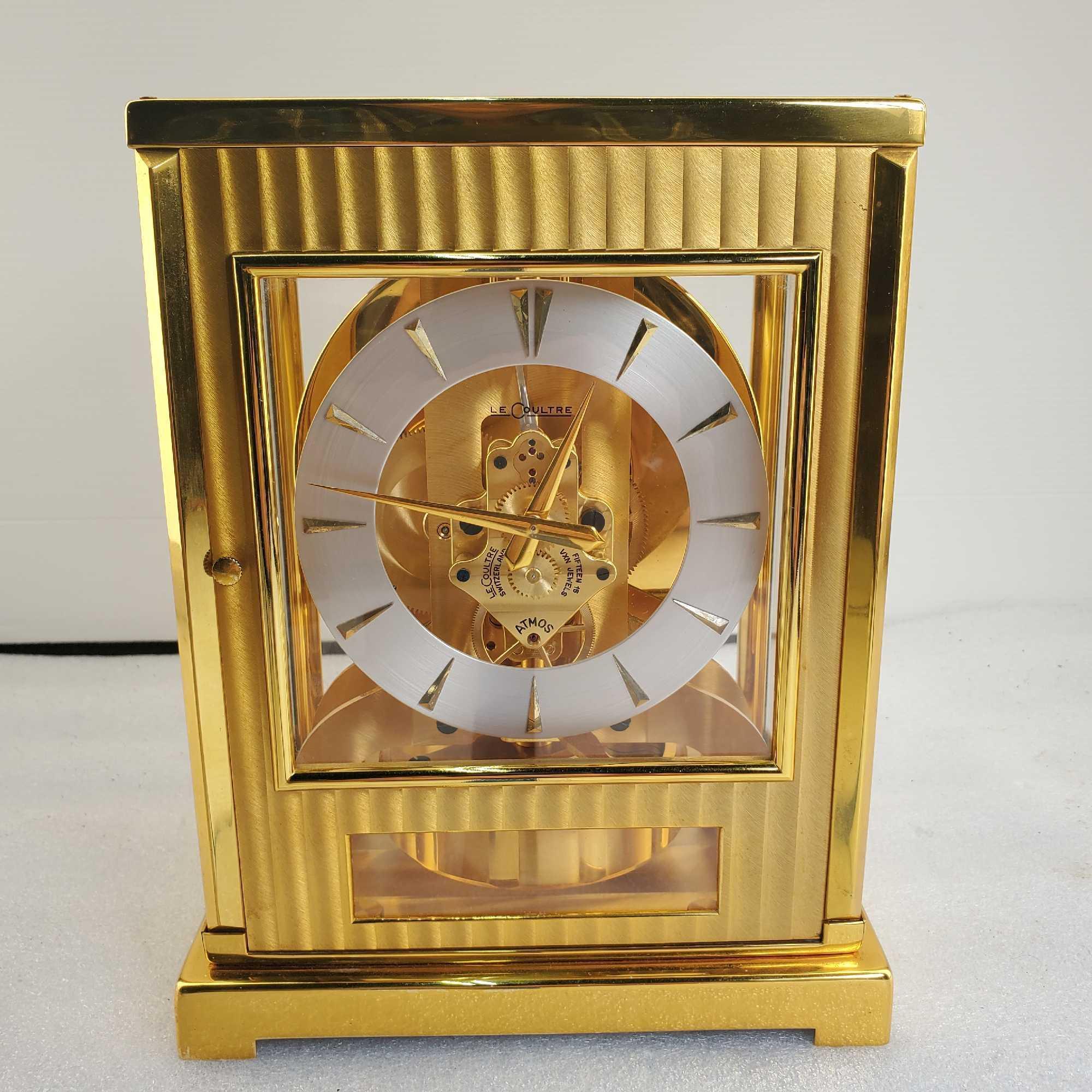 Rare 1950s Gold Plated Jaeger- LeCoultre 15 Jewel Atmos Tuxedo Model # 522 Mantel Clock