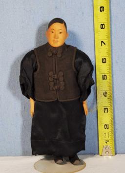 8" Rare Door of Hope Shanghai Mission Carved Pear Wood Head Boy Doll in Mourning Wear Dress