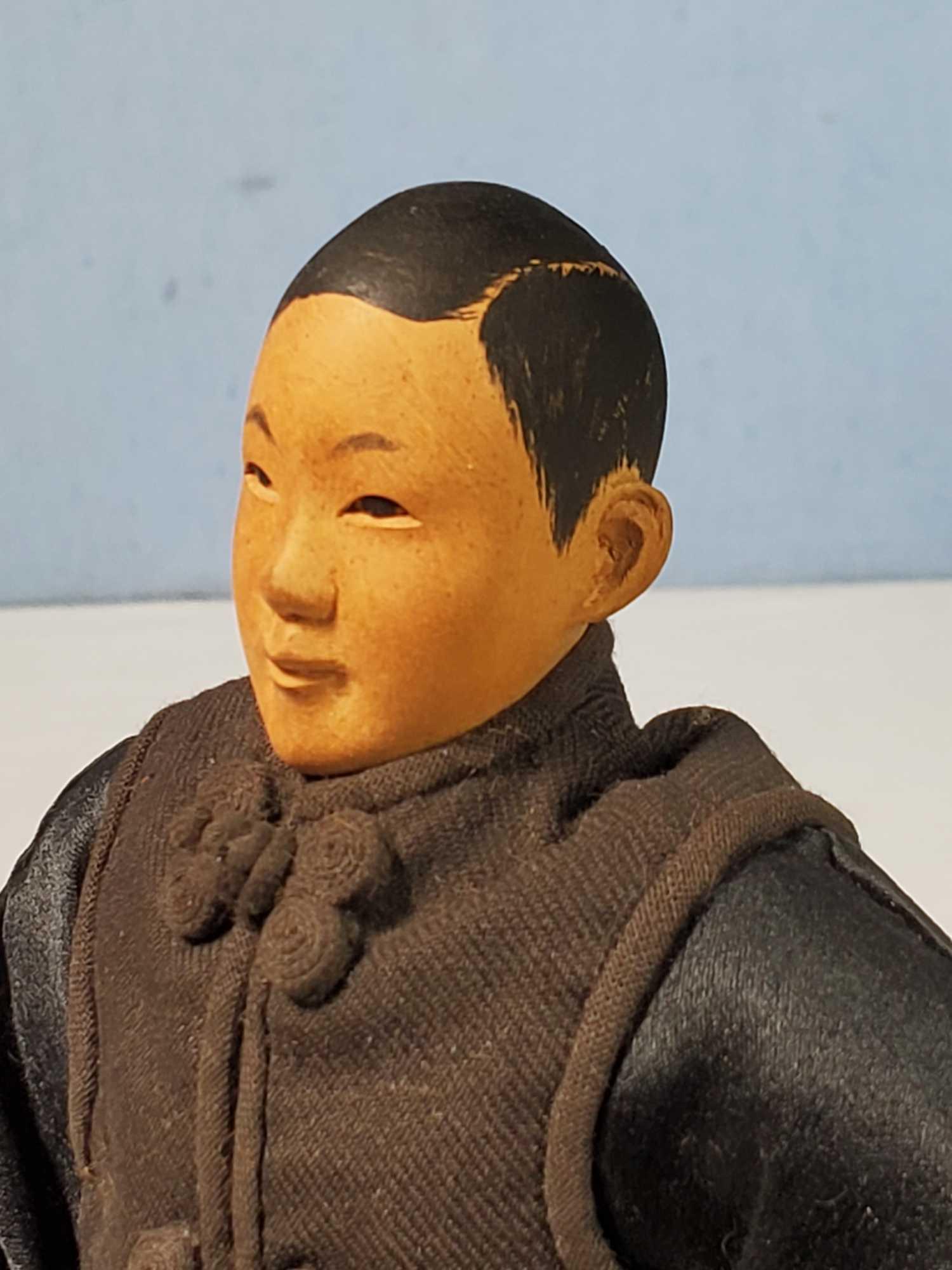 8" Rare Door of Hope Shanghai Mission Carved Pear Wood Head Boy Doll in Mourning Wear Dress