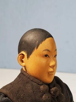 8" Rare Door of Hope Shanghai Mission Carved Pear Wood Head Boy Doll in Mourning Wear Dress