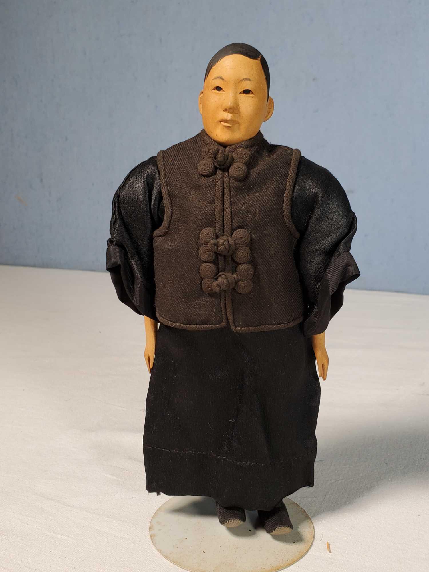 8" Rare Door of Hope Shanghai Mission Carved Pear Wood Head Boy Doll in Mourning Wear Dress