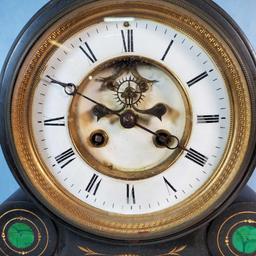 Antique Black Slate & Inlaid Malachite French Mantel Clock
