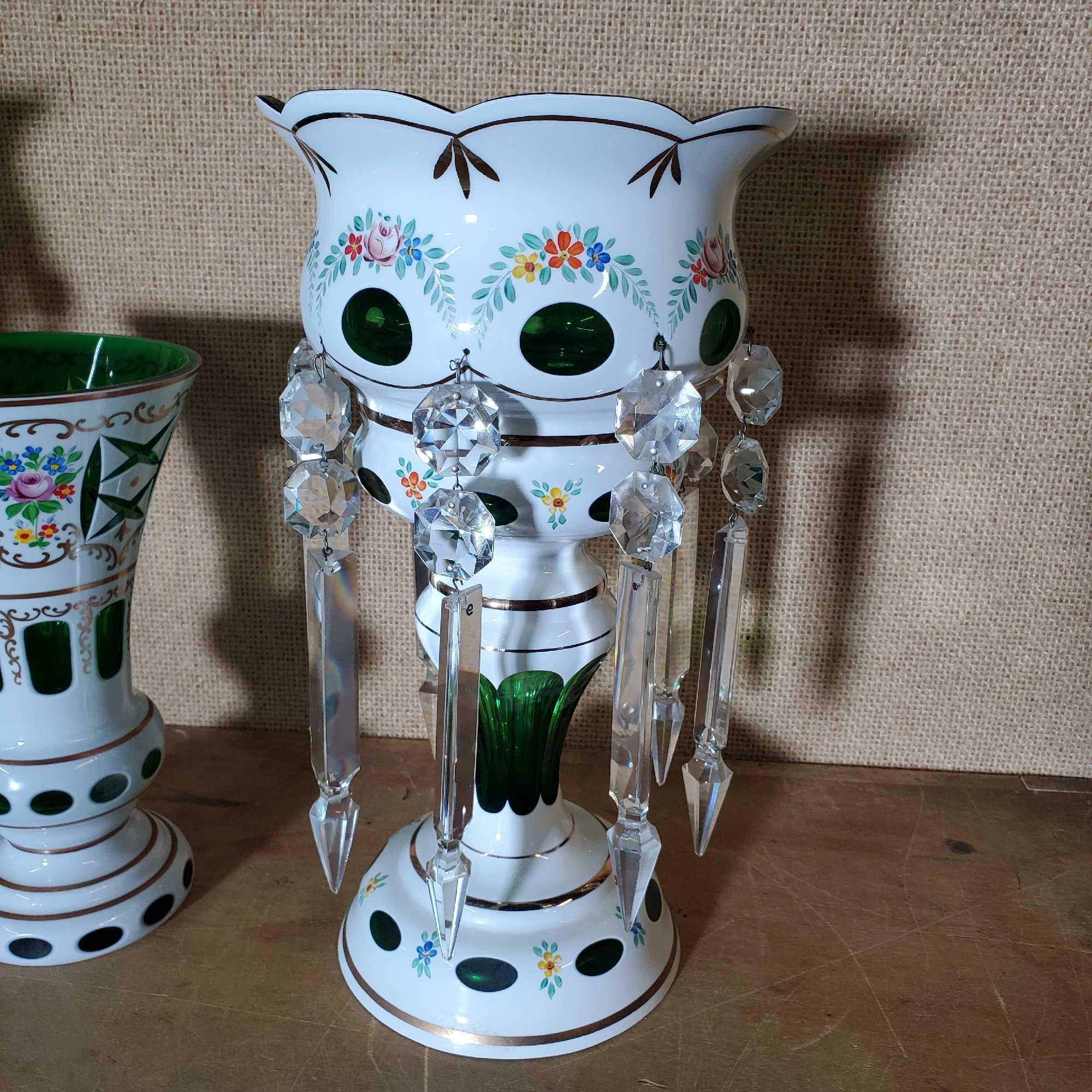 Pair Victorian Czechoslovakian White & Green Cut to Clear Glass Mantle Lusters & Matching Vase