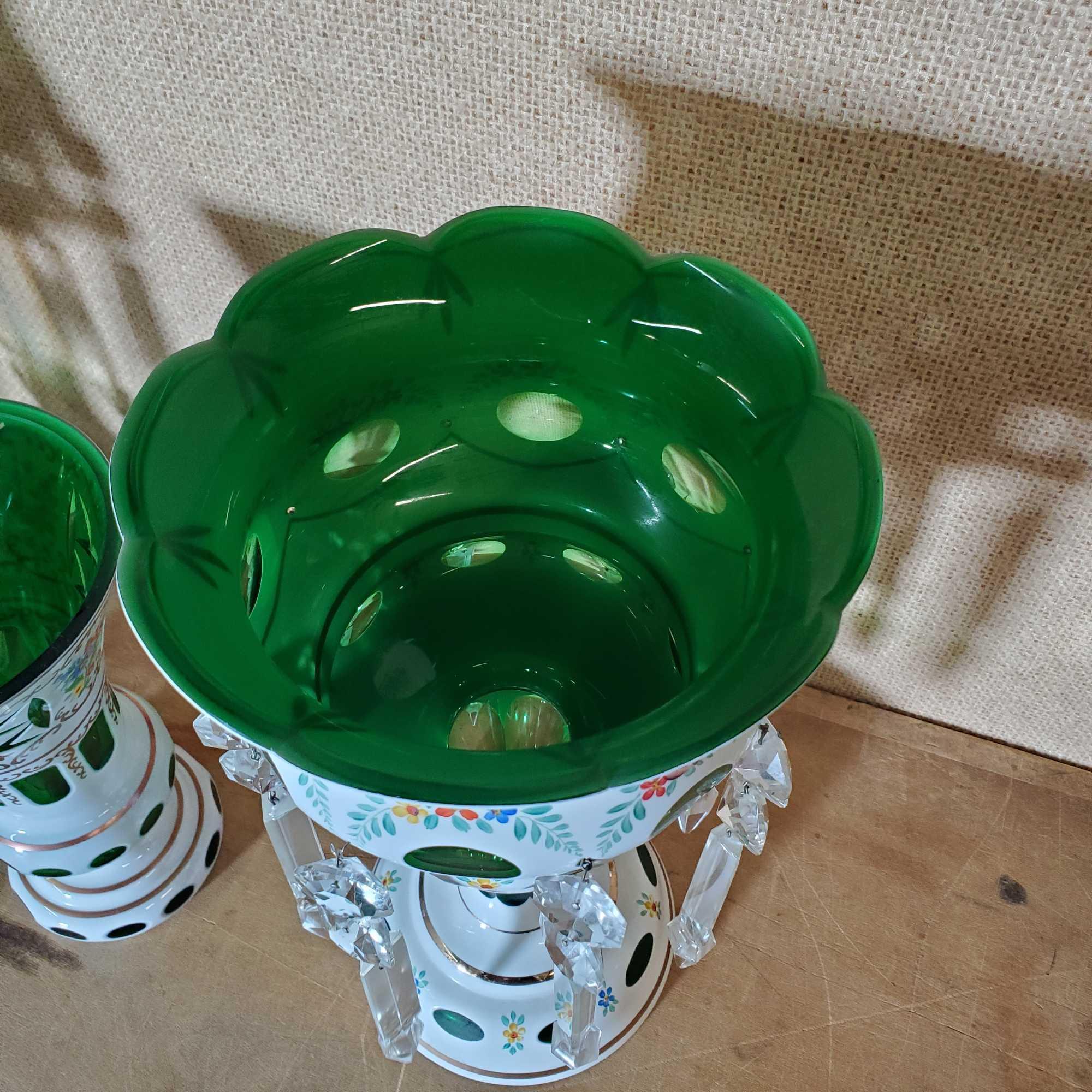 Pair Victorian Czechoslovakian White & Green Cut to Clear Glass Mantle Lusters & Matching Vase