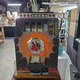 1939 Mills Novelty Co. "Bursting Cherry" Nickel Slot Machine With Vintage Oak Single Door Stand