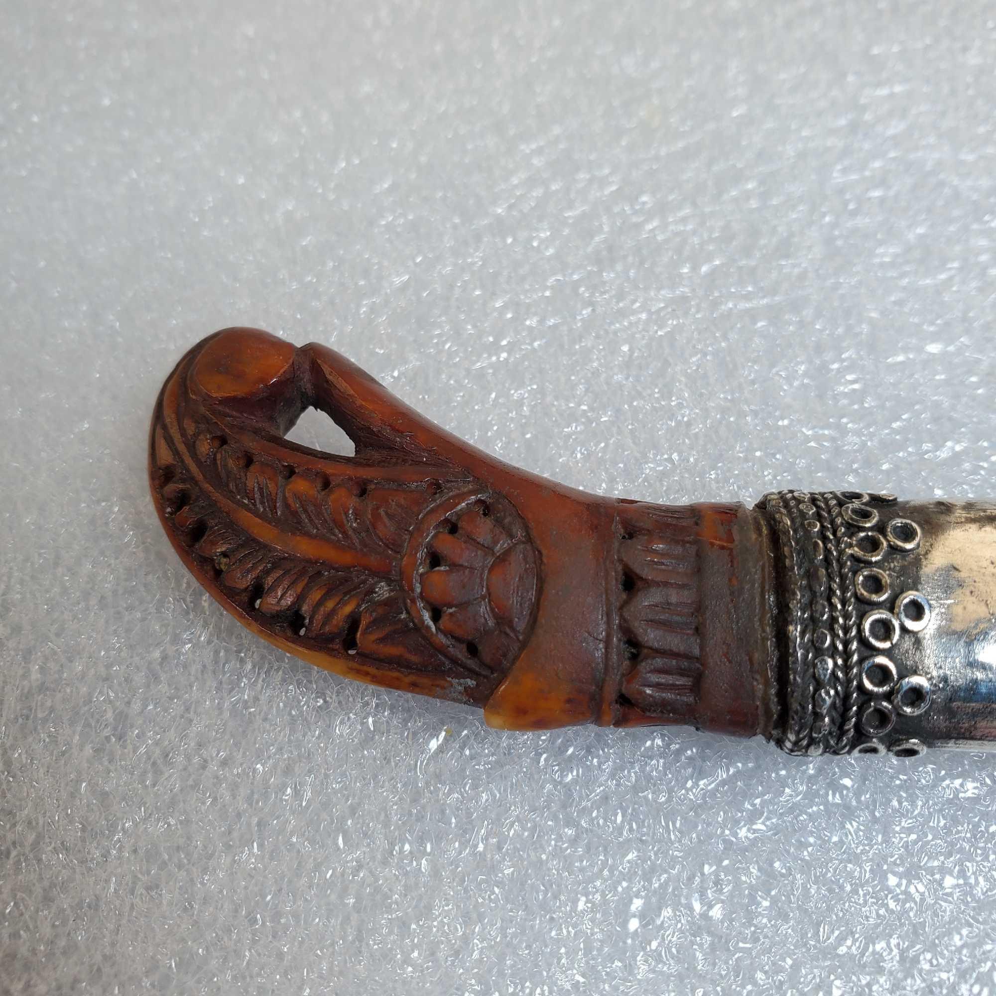 Antique Ornate Carved Bone & Fine Silver Tumbuk Lada Malay Dagger