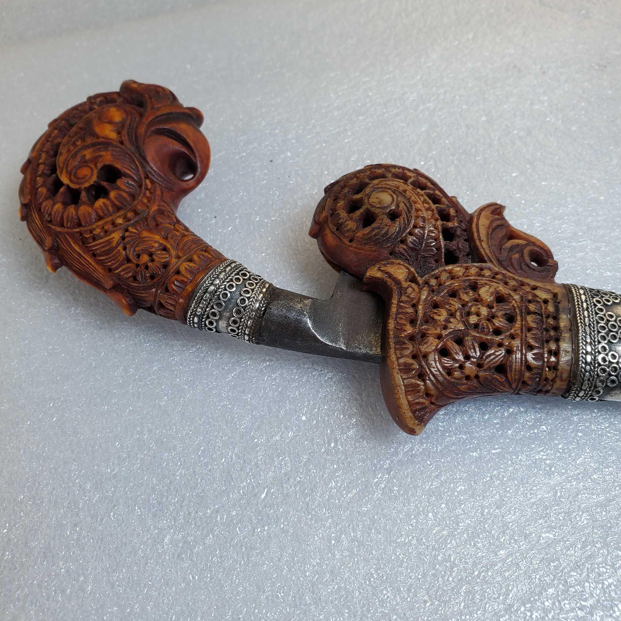 Antique Ornate Carved Bone & Fine Silver Tumbuk Lada Malay Dagger