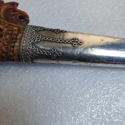 Antique Ornate Carved Bone & Fine Silver Tumbuk Lada Malay Dagger