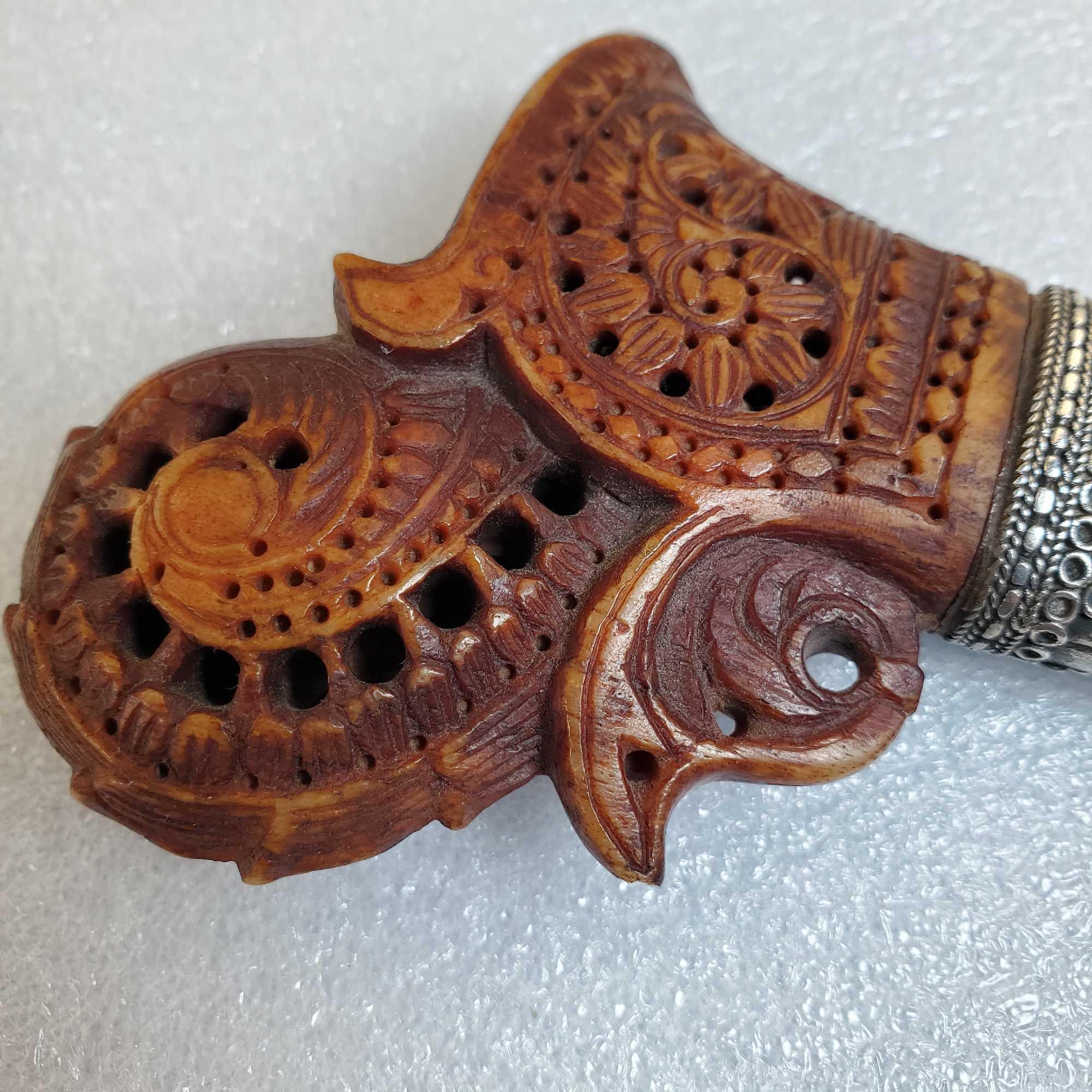 Antique Ornate Carved Bone & Fine Silver Tumbuk Lada Malay Dagger
