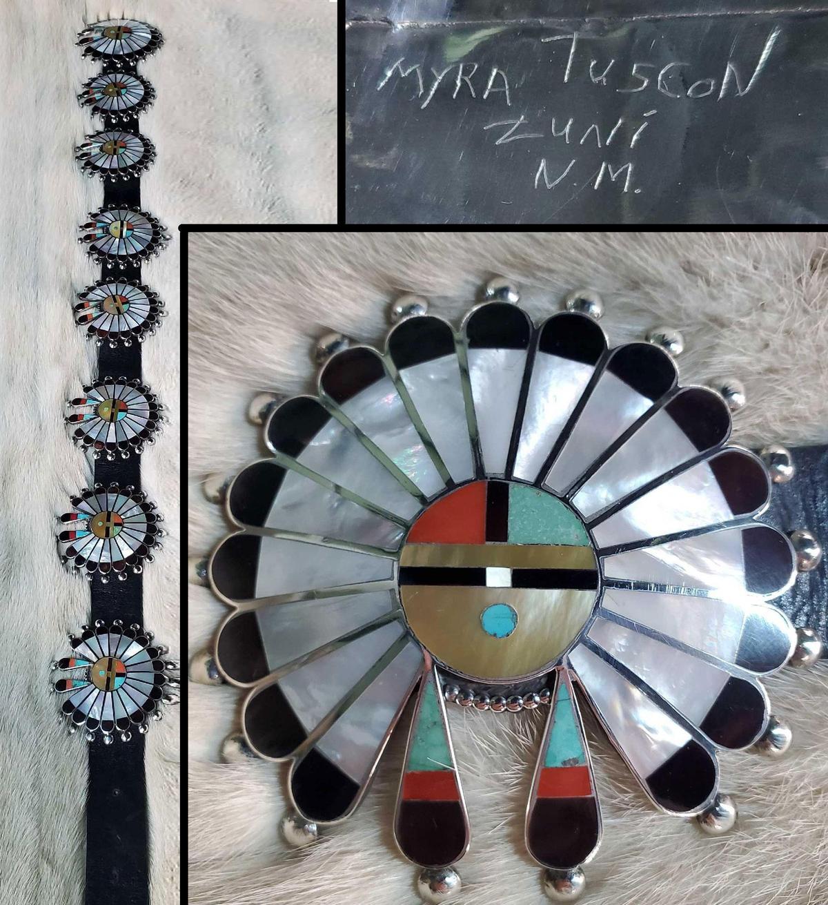 Sterling Silver & Mosaic Inlay Zuni Sun Face Concha Belt by Myra Tuscon