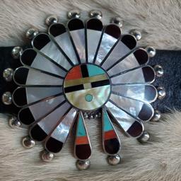 Sterling Silver & Mosaic Inlay Zuni Sun Face Concha Belt by Myra Tuscon